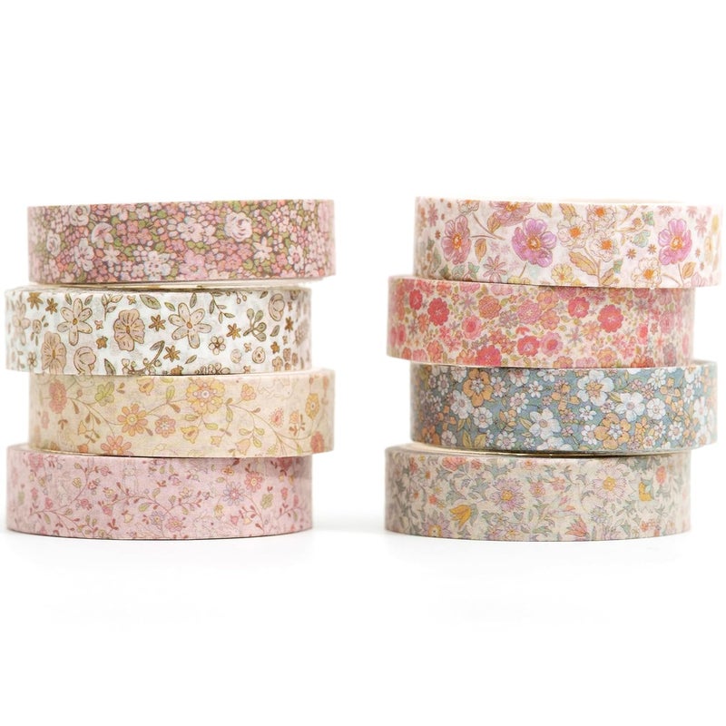 YUBX Vintage Washi Tape Set 8 Rolls Thin Retro Decorative Antique Patterns Masking Tapes for Arts, DIY Crafts, Journals, Planners, Scrapbook, Wrapping (Little Flowers) - Image 1